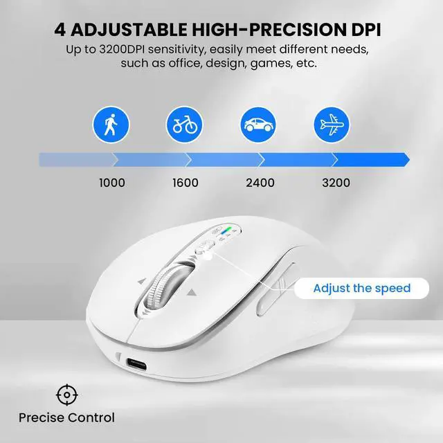 Alt view image 4 of 7 - Wireless Bluetooth Mouse Rechargeable,USB+BT×2,Multi Device Quiet Ergo Computer Mouse,Metal 4-Way Super Scrolling,± 3200 DPI,10 Button,Plug&Play,Cordless Mice for Laptop,Tablet,Mac,iPad,PC,Phone-White