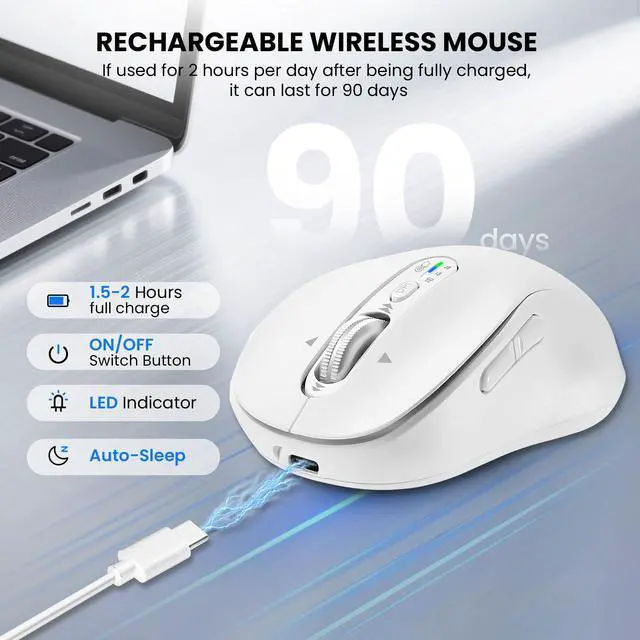 Alt view image 5 of 7 - Wireless Bluetooth Mouse Rechargeable,USB+BT×2,Multi Device Quiet Ergo Computer Mouse,Metal 4-Way Super Scrolling,± 3200 DPI,10 Button,Plug&Play,Cordless Mice for Laptop,Tablet,Mac,iPad,PC,Phone-White
