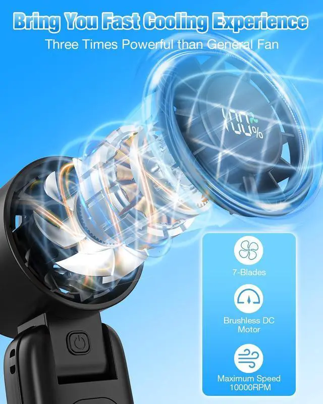 Alt view image 2 of 7 - 4 in 1 Handheld Portable Turbo Fan, 180° Foldable 6-Speed (1-100) Mini Fan, 5000mAh Rechargeable Battery Operated up to 15 Working Hours, LED Display Personal Cooling for Travel Indoor Outdoor (black)