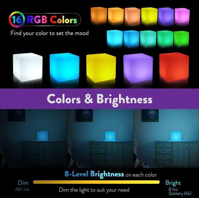 Alt view image 3 of 7 - 4-inch Dimmable LED Night Light Mood Lamp for Kids and Adults - 16 RGB Colors - 8 Level Dimming - 4 Lighting Effect - Rechargeable - Remote Control - Decorative, Fun & Safe - White Finish Cube
