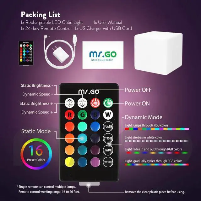 Alt view image 6 of 7 - 4-inch Dimmable LED Night Light Mood Lamp for Kids and Adults - 16 RGB Colors - 8 Level Dimming - 4 Lighting Effect - Rechargeable - Remote Control - Decorative, Fun & Safe - White Finish Cube