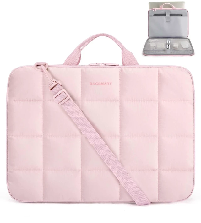 Main image of Laptop Case with Handle, Puffy Laptop Sleeve Bag for Women | MacBook Case with Shoulder Strap for Dell, HP, Lenovo, MacBook Air/Pro, 15-15.6 inch Pink