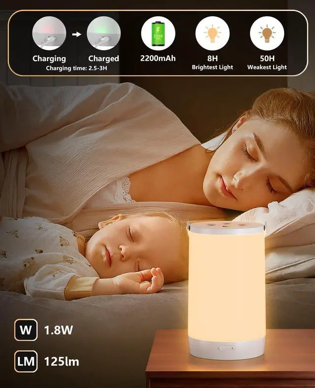 Alt view image 3 of 7 - Night Light for Kids, Portable USB Night Lamp with 2200 mAh Battery, Bright Color Changing Light for Nightstand, Small Touch Bedroom Table Lamp for Christmas Gift