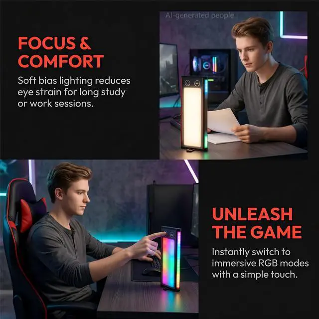 Alt view image 5 of 6 - Music Sync & RGB Ambient Lighting Touch Control Portable Night Light for Camping Gaming Bedroom Office Rechargeable Cordless Table Lamp with Rhythm Pickup & Bias Lighting