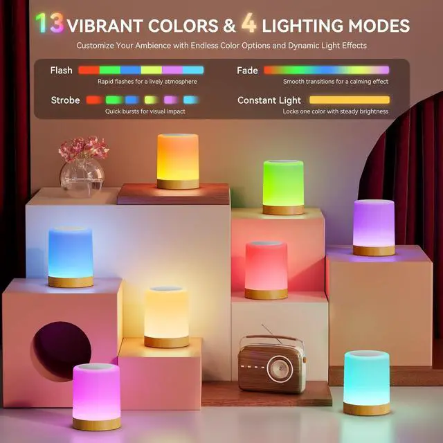 Alt view image 2 of 7 - Night Light for Baby Nursery, Rechargeable Touch Bedside Lamp with Remote, 13 Colors 5 Brightness Adjustable, 1/2/4/6H Timer, Portable Kids Night Light for Bedroom, Bathroom, Camping