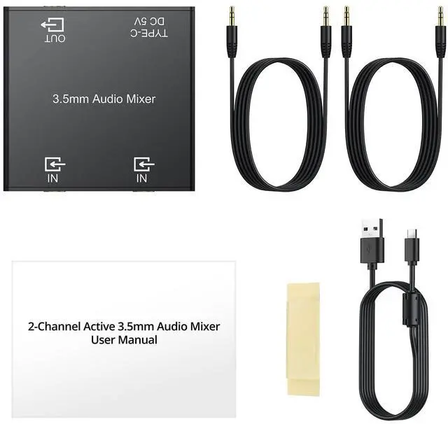 Alt view image 7 of 7 - 3.5mm Audio Mixer, 2-Channel Active Stereo Audio Mixer with Gold-Plated Connectors, Dual Input to Single Output, USB-C Powered, Plug & Play for PC, Phone, Tablet, MP3, Echo Dot