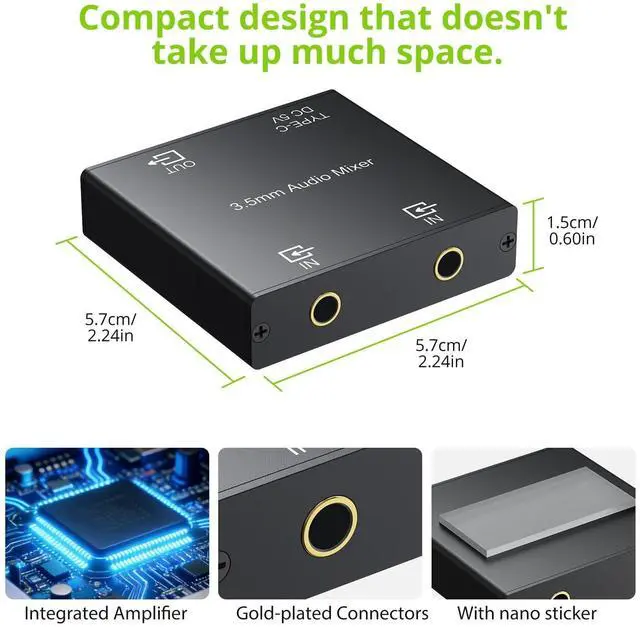Alt view image 5 of 7 - 3.5mm Audio Mixer, 2-Channel Active Stereo Audio Mixer with Gold-Plated Connectors, Dual Input to Single Output, USB-C Powered, Plug & Play for PC, Phone, Tablet, MP3, Echo Dot