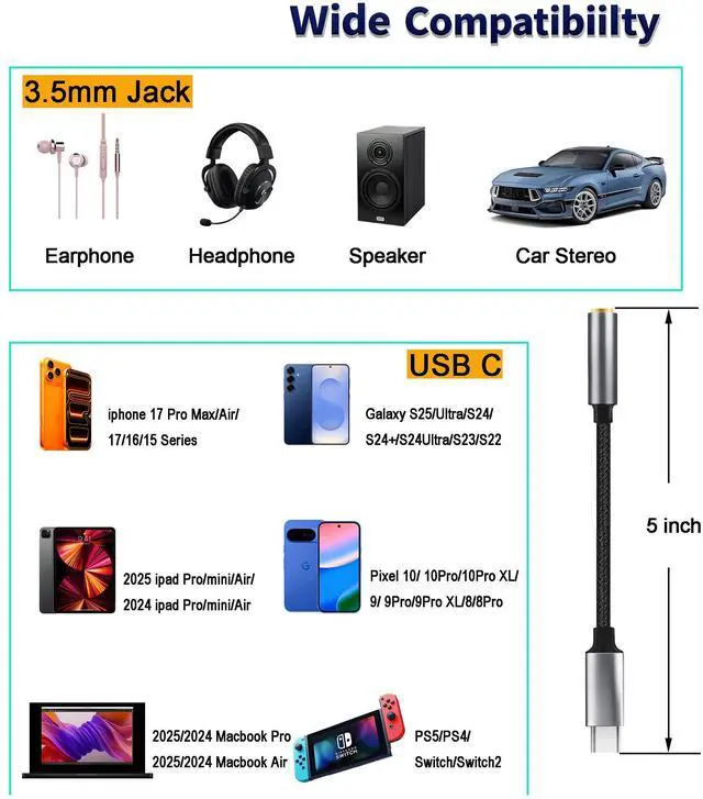 Alt view image 6 of 6 - 3.5mm Headphone Jack Adapter,Type-C to Aux Audio Female Adapter