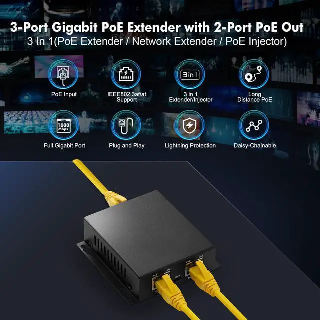Alt view image 2 of 7 - 3 Ports Gigabit PoE Passthrough Switch - IEEE 802.3af/at Repeater, 100/1000Mbps, 1 PoE In 2 Out, Wall Mount, Extender/Injector/Network Extender Three in One