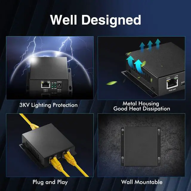 Alt view image 5 of 7 - 3 Ports Gigabit PoE Passthrough Switch - IEEE 802.3af/at Repeater, 100/1000Mbps, 1 PoE In 2 Out, Wall Mount, Extender/Injector/Network Extender Three in One