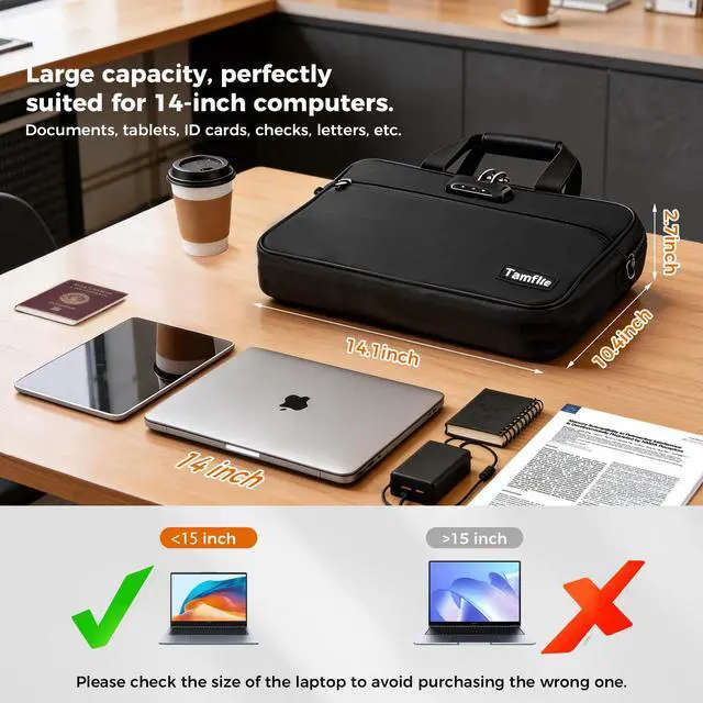 Alt view image 5 of 7 - Laptop Bag, 14 inch Fireproof Safe Messenger Bag for Laptop or Tablet, Computer Bag Safe Storage with Shoulder Strap and Handle, Shoulder Bag Carrying Case for Travel, Office, Home, Black