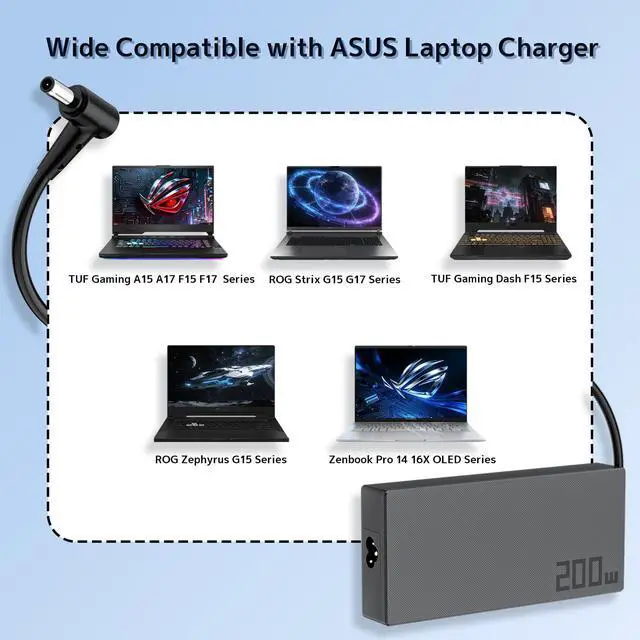 Alt view image 3 of 7 - 200W ADP-200JB D Laptop Charger Compatible with ASUS TUF Gaming A15 F15 A17 F17 FA506 FA507 FA707 Dash 15 FX516 FX517 ROG Strix G15 G17 G513 G713 Zephyrus G15 Zenbook Adapter (Round Tip 6.0×3.7mm)