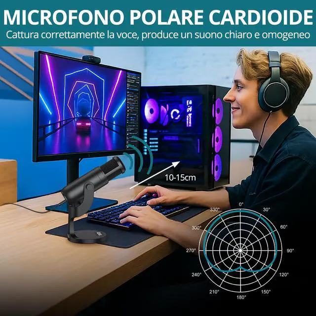 Alt view image 2 of 7 - USB Condenser Microphone for Computer Plug & Play PC Mic with Echo Mic Gain, Volume Control, and Mute Button Cardioid Polar Pattern, Noise Cancelling, Headphone Output for Gaming, Streaming