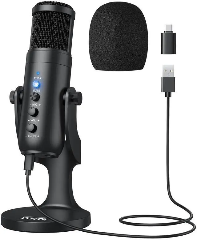 Main image of USB Condenser Microphone for Computer Plug & Play PC Mic with Echo Mic Gain, Volume Control, and Mute Button Cardioid Polar Pattern, Noise Cancelling, Headphone Output for Gaming, Streaming