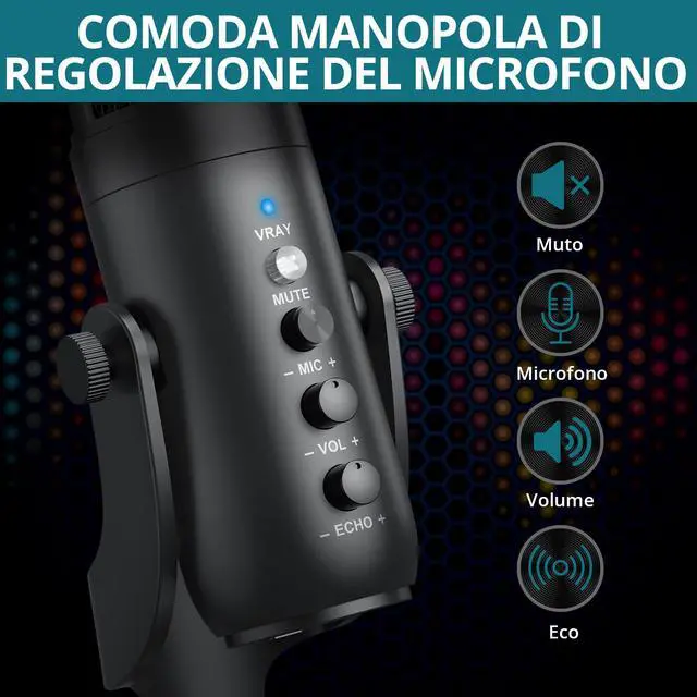 Alt view image 3 of 7 - USB Condenser Microphone for Computer Plug & Play PC Mic with Echo Mic Gain, Volume Control, and Mute Button Cardioid Polar Pattern, Noise Cancelling, Headphone Output for Gaming, Streaming