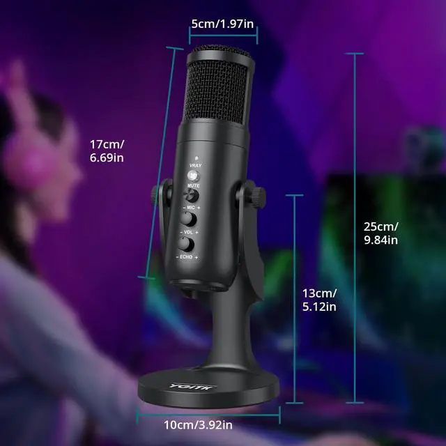 Alt view image 6 of 7 - USB Condenser Microphone for Computer Plug & Play PC Mic with Echo Mic Gain, Volume Control, and Mute Button Cardioid Polar Pattern, Noise Cancelling, Headphone Output for Gaming, Streaming