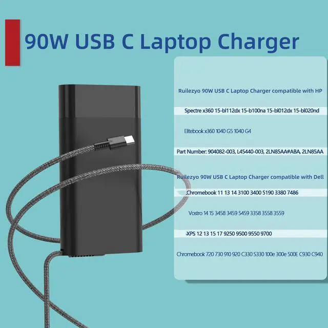 Alt view image 6 of 7 - 90W USB C Laptop Charger Compatible with HP Envy 17 X360 17.3" 16 16" 15.6" 2-in-1 Touchscreen 17-cw0097nr 17-cw0023dx Eitebook Charger for Laptop 904144-850 Type-C Power Adapter Replacement