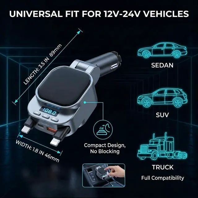 Alt view image 7 of 7 - Bluetooth Car Adapter FM Transmitter, 96W Retractable Charger, 4-in-1 Bluetooth 5.3 USB C Aux Adapter for Music & Hands-Free Calls, Wireless Radio Receiver for iPhone 17 16 15 SUV Truck RV