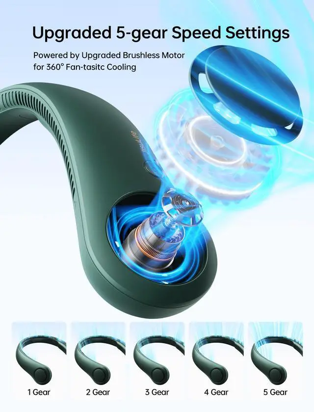 Alt view image 3 of 7 - Portable Neck Fan, Hands Free Bladeless Fan, 5 Speeds, 4000 mAh Battery Operated Wearable Personal Fan, Twistable, Rechargeable, Gift for Women Men-Dark Green