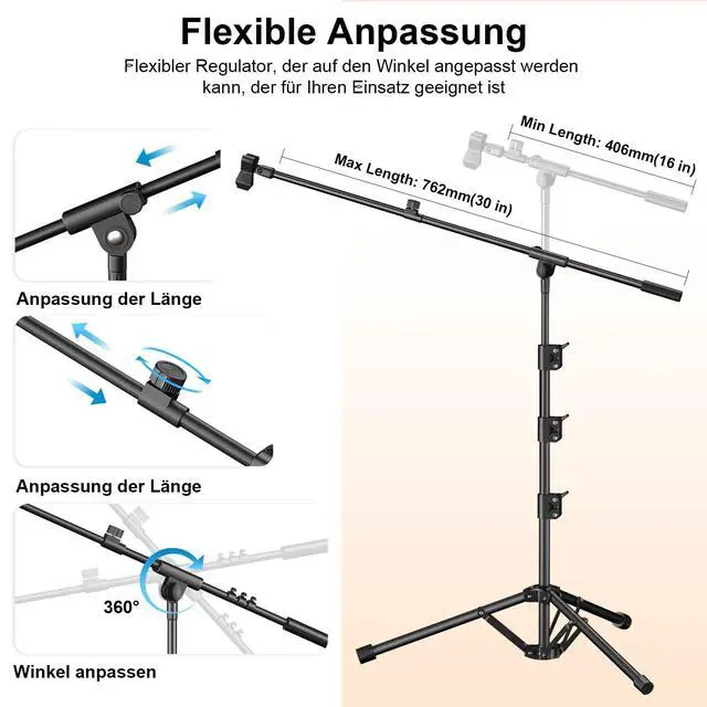 Alt view image 3 of 7 - Microphone Stand, Tripod Boom Arm Floor Mic Stand Height Adjustable Heavy Duty for Singing Podcast for Blue Yeti Shure SM58 SM48 Samson Q2U