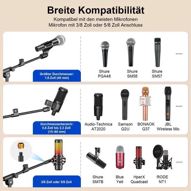 Alt view image 5 of 7 - Microphone Stand, Tripod Boom Arm Floor Mic Stand Height Adjustable Heavy Duty for Singing Podcast for Blue Yeti Shure SM58 SM48 Samson Q2U