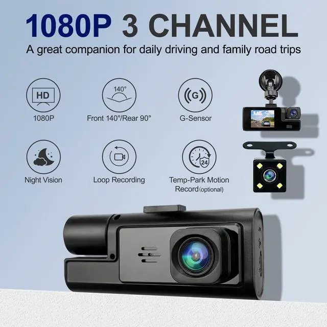 Alt view image 2 of 7 - 1080P 3 Channel Dash Cam Front and Rear Cabin Recording, 2.0" IPS Screen Camara para Carro, G-Sensor, Night Vision Loop Recording, Motion Detection, Heatproof, Electronics Max 64GB Support