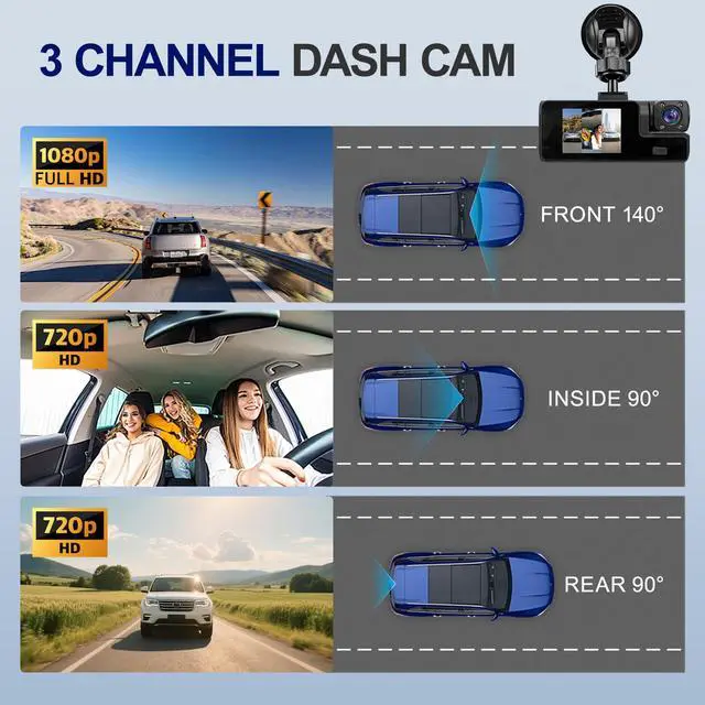 Alt view image 3 of 7 - 1080P 3 Channel Dash Cam Front and Rear Cabin Recording, 2.0" IPS Screen Camara para Carro, G-Sensor, Night Vision Loop Recording, Motion Detection, Heatproof, Electronics Max 64GB Support