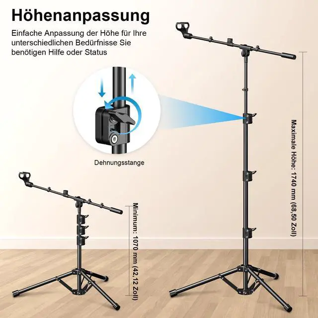 Alt view image 6 of 7 - Microphone Stand, Tripod Boom Arm Floor Mic Stand Height Adjustable Heavy Duty for Singing Podcast for Blue Yeti Shure SM58 SM48 Samson Q2U