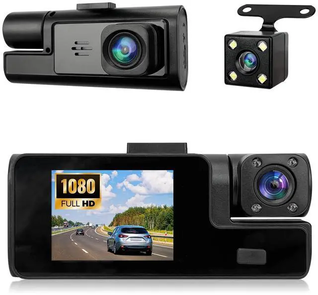 Main image of 1080P 3 Channel Dash Cam Front and Rear Cabin Recording, 2.0" IPS Screen Camara para Carro, G-Sensor, Night Vision Loop Recording, Motion Detection, Heatproof, Electronics Max 64GB Support
