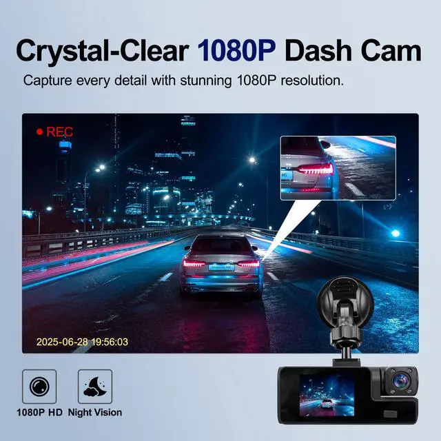 Alt view image 4 of 7 - 1080P 3 Channel Dash Cam Front and Rear Cabin Recording, 2.0" IPS Screen Camara para Carro, G-Sensor, Night Vision Loop Recording, Motion Detection, Heatproof, Electronics Max 64GB Support