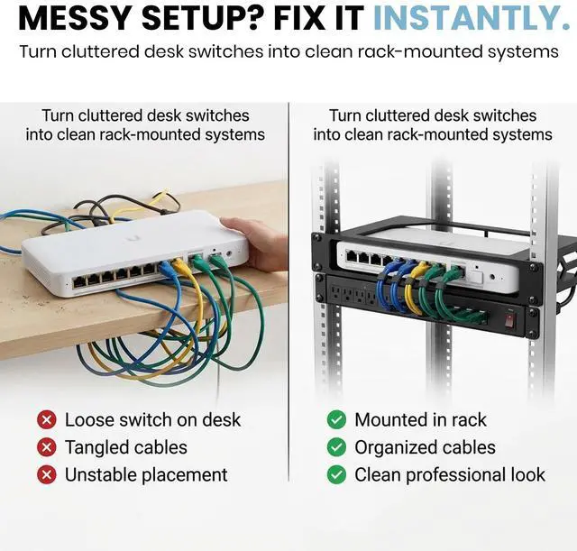 Alt view image 2 of 7 - 1U Server Rack Mount for UniFi Switch Lite 8 PoE Secure 19-Inch Shelf Bracket | Snap-in Design No Tools Required | Home Lab and IT Closet Network Organizer
