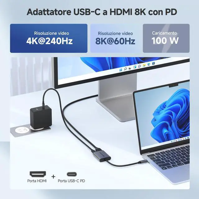 Alt view image 2 of 7 - 48Gbps USB C to HDMI 2.1 Adapter with 100W Charging, 4K 240Hz /8K 60Hz HDR - Thunderbolt 4 Compatible with iPhone 16/15 Pro Max (Max Resolution on Any MacBook is 4K@60Hz)