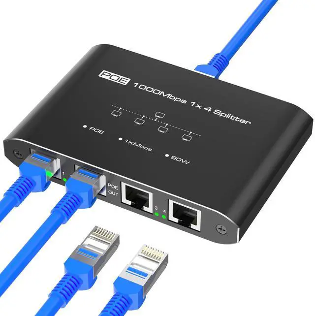 Main image of PoE Switch 1 in 4 Out, 4 Port Gigabit PoE Splitter, Ethernet Splitter, Non-PoE to PoE Adapter, Supplies POE(15.4W) or PoE+ (30W), Plug & Play, Distance Up to 328Ft. PoE+ Splitter for Cat5e/6/7/8 Cable