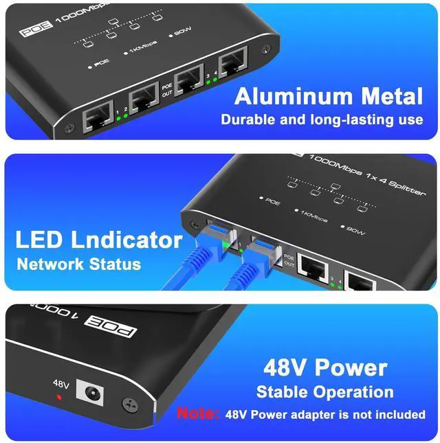 Alt view image 3 of 7 - PoE Switch 1 in 4 Out, 4 Port Gigabit PoE Splitter, Ethernet Splitter, Non-PoE to PoE Adapter, Supplies POE(15.4W) or PoE+ (30W), Plug & Play, Distance Up to 328Ft. PoE+ Splitter for Cat5e/6/7/8 Cable