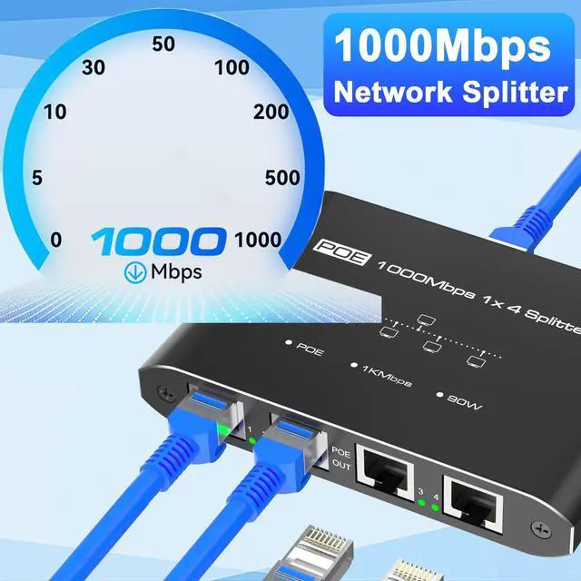 Alt view image 7 of 7 - PoE Switch 1 in 4 Out, 4 Port Gigabit PoE Splitter, Ethernet Splitter, Non-PoE to PoE Adapter, Supplies POE(15.4W) or PoE+ (30W), Plug & Play, Distance Up to 328Ft. PoE+ Splitter for Cat5e/6/7/8 Cable
