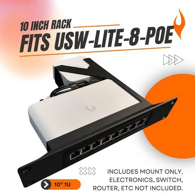 Alt view image 2 of 6 - 10" Network Rack Mount Compatible with UniFi Lite 8 PoE Switch Ubiquiti USW-LITE-8-POE 52W (Black)