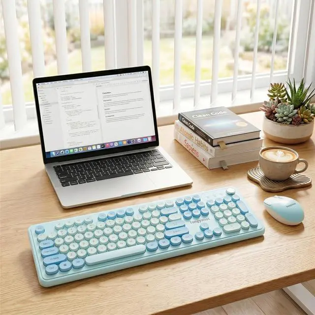 Alt view image 3 of 6 - Wireless Keyboard and Mouse Combo, 2.4G Full-Size Keyboard Mouse Set, Plug & Play, Quiet Click, Ergonomic Design, Compatible with Windows, Mac, Laptop, Desktop, Computer (T801A-Blue)