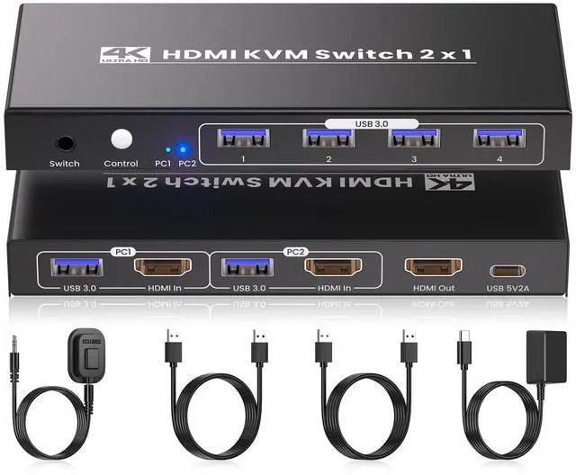 Main image of 2 Port HDMI KVM Switch, USB 3.0 4K60Hz KVM Switch 1 Monitor 2 Computers for 2 PCs Share 1 Monitor and 1 Set of Keyboard Mouse, 4 USB 3.0 Ports for Peripheral