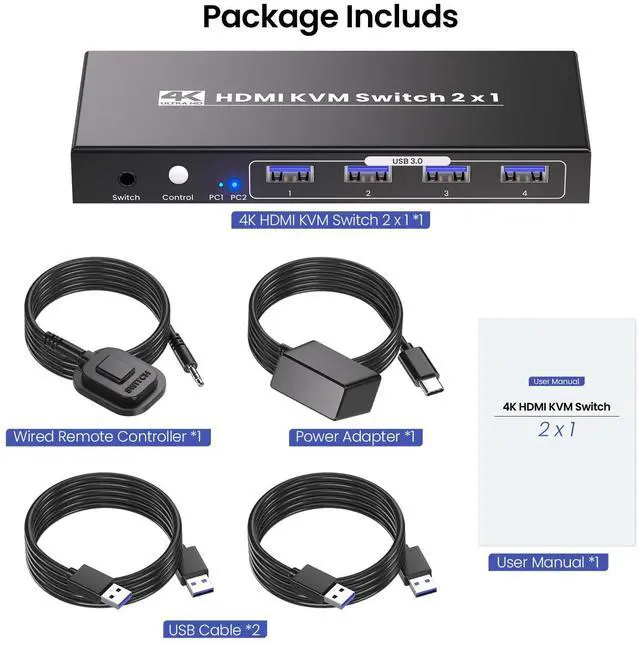 Alt view image 7 of 7 - 2 Port HDMI KVM Switch, USB 3.0 4K60Hz KVM Switch 1 Monitor 2 Computers for 2 PCs Share 1 Monitor and 1 Set of Keyboard Mouse, 4 USB 3.0 Ports for Peripheral