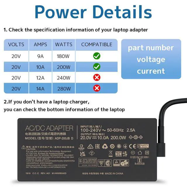 Alt view image 4 of 7 - Charger 200W 20V 10A Replacement for Asus Gaming Laptop, Zephyrus G15 F17 GA503 GA503QR GA503RM Tuf A15 F15 Zenbook Rog Strix G17 G15 Hero II III Vivobook ADP-200JB D Power Supply Cord AC Adapter