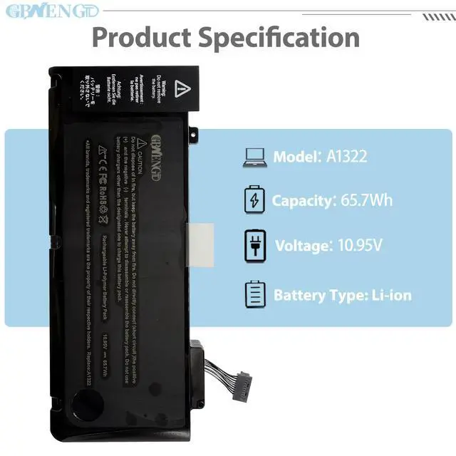 Alt view image 2 of 6 - A1322 Laptop Battery Replacement for A1278 MacBook Pro 13 inch Mid 2009 2010 2012 Early 2011 Late 2011 Version 661-5229 661-5557 020-6547-A 020-6765-A 6-Cell