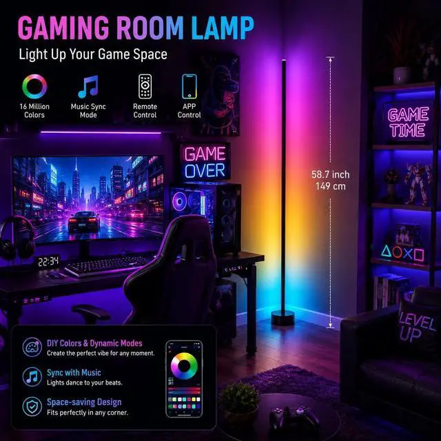 Alt view image 2 of 7 - RGB LED Corner Lamp with Music Sync - 16 Million Colors Ambience Light, Smart App & Remote Control, Perfect Corner Floor Lamp for Bedroom Living Room Gaming Room