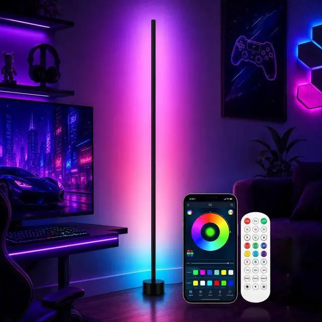 Main image of RGB LED Corner Lamp with Music Sync - 16 Million Colors Ambience Light, Smart App & Remote Control, Perfect Corner Floor Lamp for Bedroom Living Room Gaming Room