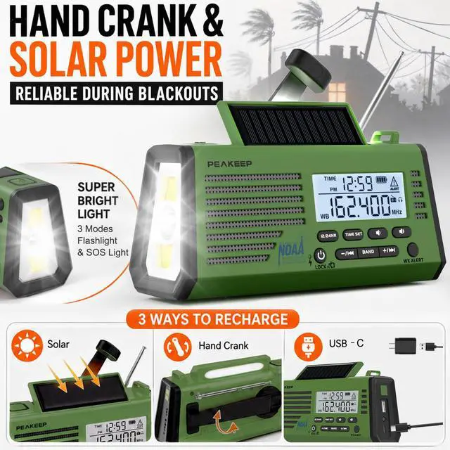 Alt view image 3 of 7 - Emergency NOAA Weather Radio Hand Crank Solar Powered - 18500mWh Rechargeable Battery, Portable AM/FM/SW Radio, SOS Siren Flashlight Lamp for Home Car Camping Storms Blackouts Prep