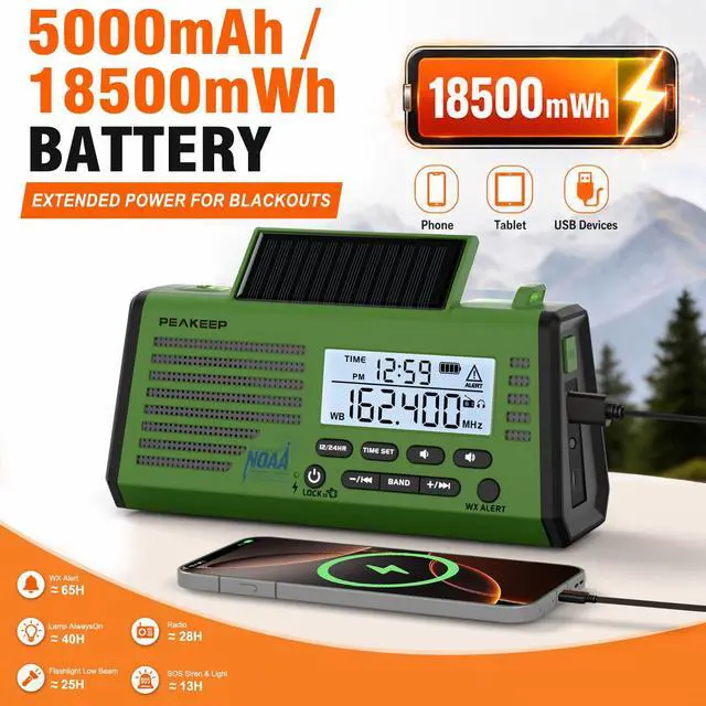 Alt view image 4 of 7 - Emergency NOAA Weather Radio Hand Crank Solar Powered - 18500mWh Rechargeable Battery, Portable AM/FM/SW Radio, SOS Siren Flashlight Lamp for Home Car Camping Storms Blackouts Prep