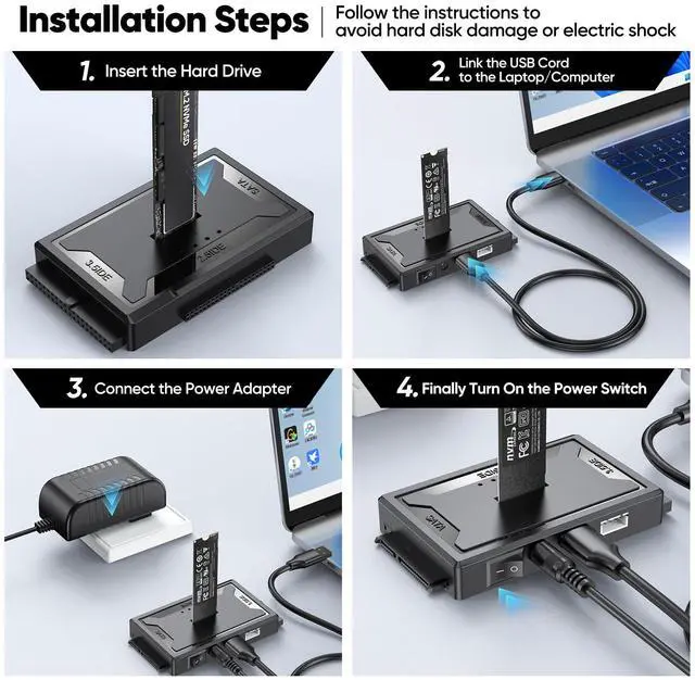 Alt view image 7 of 7 - Hard Drive Reader 4-in-1, M.2 SATA IDE to USB Docking Station, 10Gbps NVME Dock, Computer Ultra Data Retrieval Kit with 12V/2A Power Adapter for Internal M.2 2.5" 3.5" PATA HDD SSD Blu-ray Drive