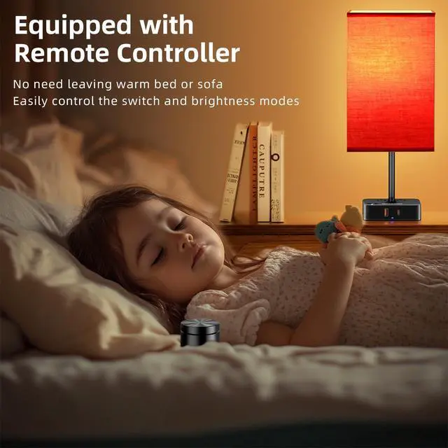 Alt view image 3 of 7 - Bedroom Table Lamp with Remote Operation Control,Dimmable Bedside Table Desk Light with USB C+A Charging Ports 2 AC Outlets,Nightstand Lamp White Shade Lamp for Living Room,Dorm,Home Office,Decor
