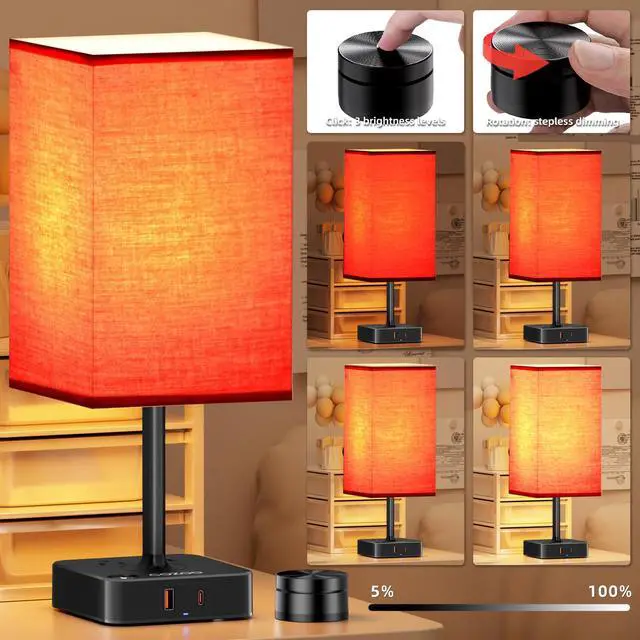 Alt view image 4 of 7 - Bedroom Table Lamp with Remote Operation Control,Dimmable Bedside Table Desk Light with USB C+A Charging Ports 2 AC Outlets,Nightstand Lamp White Shade Lamp for Living Room,Dorm,Home Office,Decor