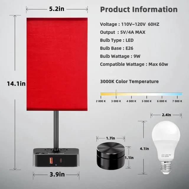 Alt view image 6 of 7 - Bedroom Table Lamp with Remote Operation Control,Dimmable Bedside Table Desk Light with USB C+A Charging Ports 2 AC Outlets,Nightstand Lamp White Shade Lamp for Living Room,Dorm,Home Office,Decor
