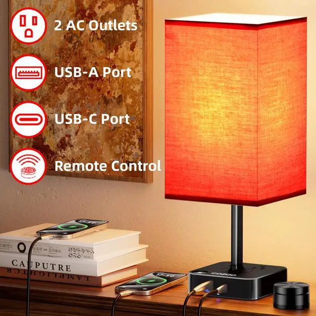 Alt view image 2 of 7 - Bedroom Table Lamp with Remote Operation Control,Dimmable Bedside Table Desk Light with USB C+A Charging Ports 2 AC Outlets,Nightstand Lamp White Shade Lamp for Living Room,Dorm,Home Office,Decor